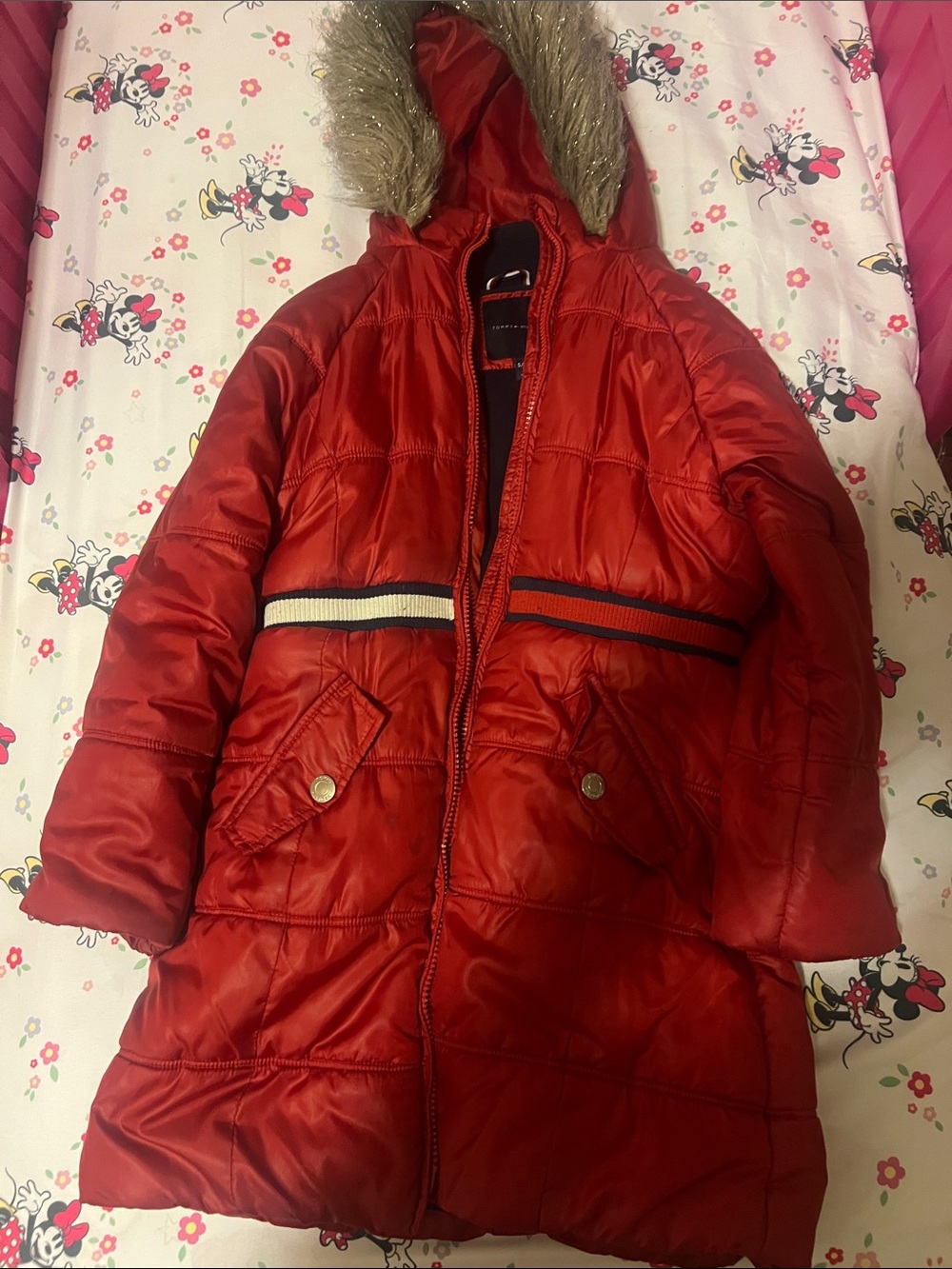 Tommy Hilfiger Red Kids Puffer Coat with Faux-Fur Trimmed Hood